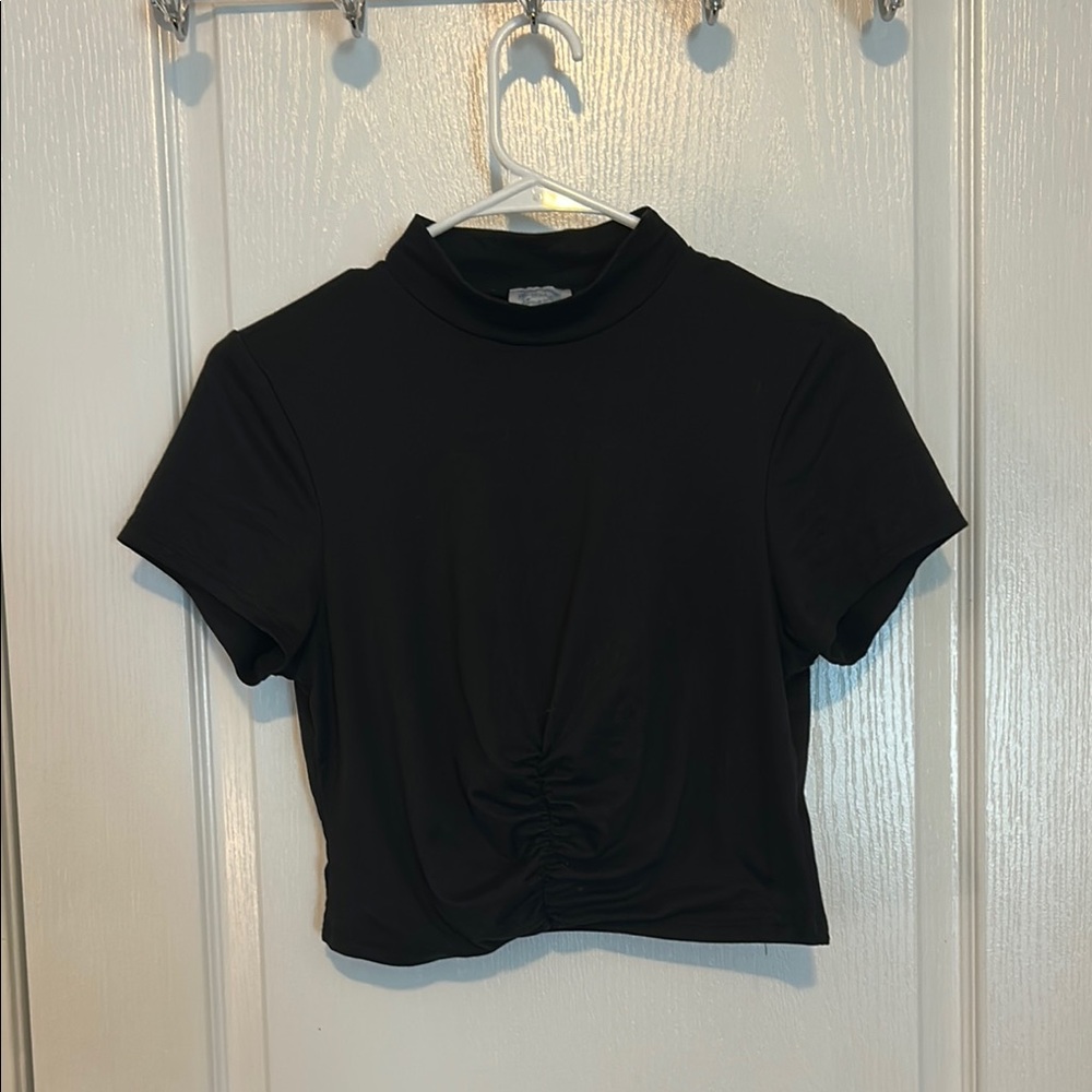Blue Rain Black Crop Tie Front T-Shirt